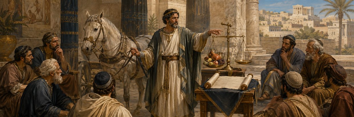 A Jewish teacher uses reins and balanced scales to illustrate reason governing appetite beside an unmarked scroll